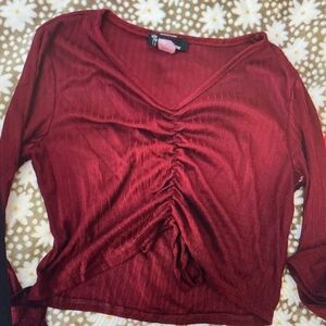Rainbow Burgundy Ruched V-Neck Long Sleeve Top